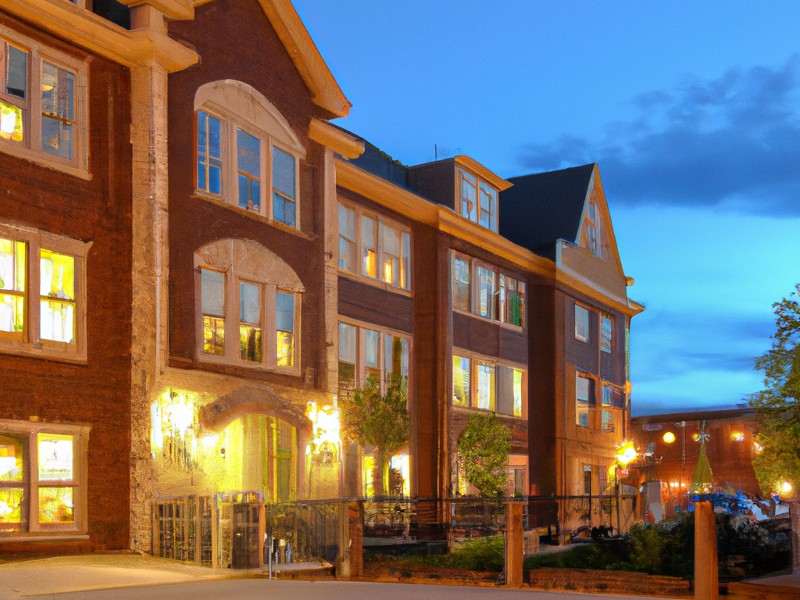 A small brick boutique apartment building lit at dusk