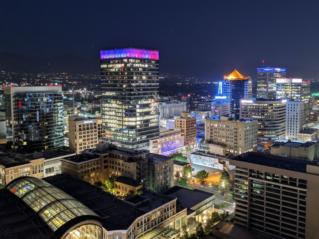 Salt Lake City evening skyline. The Salt Lake City skyline lit up at night