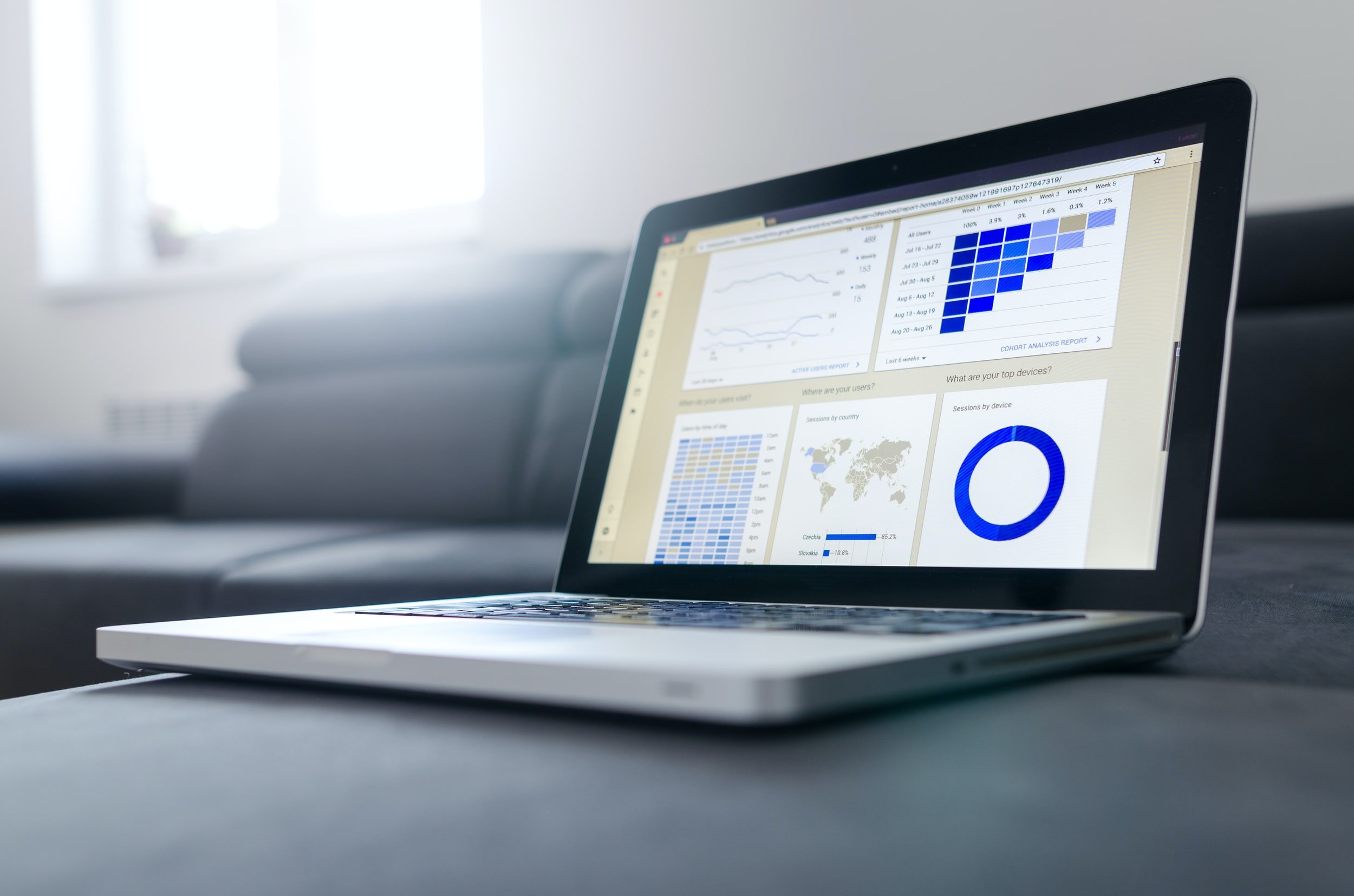 A laptop displaying financial charts and dashboards