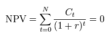Formula: net present value equals the sum of cash flows discounted at the internal rate of return, set to zero