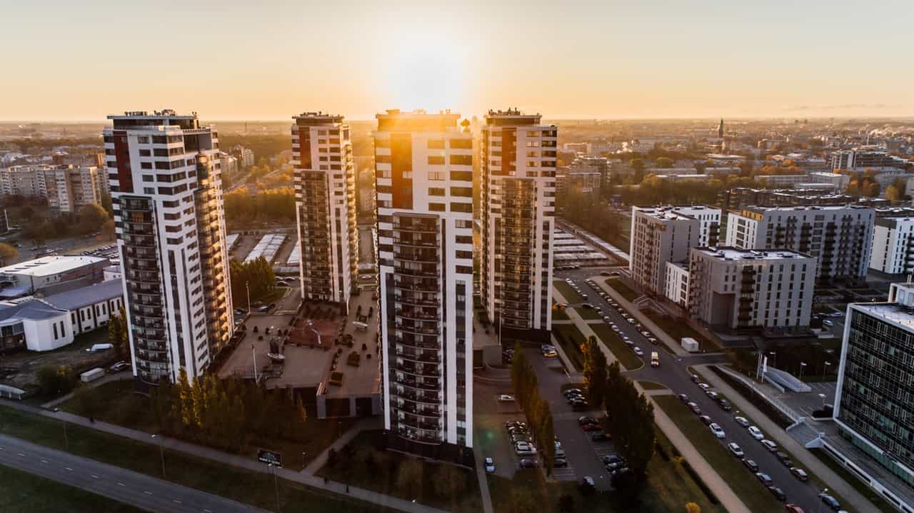 Aerial view of apartment towers at sunrise