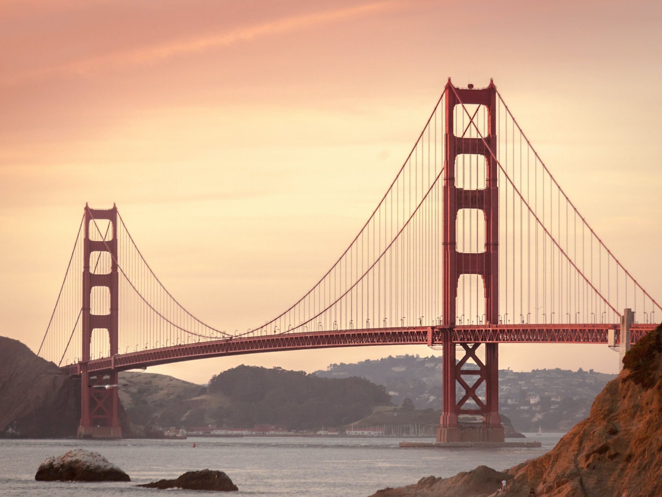 The Golden Gate Bridge at sunset in the San Francisco Bay Area